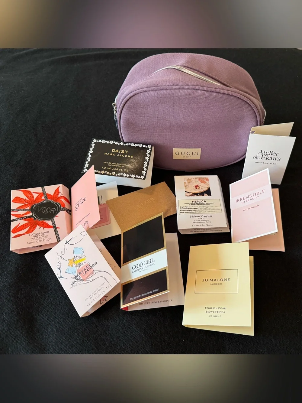 Gucci Lavender Soft Zip Cosmetic Pouch with 10 various perfume samples